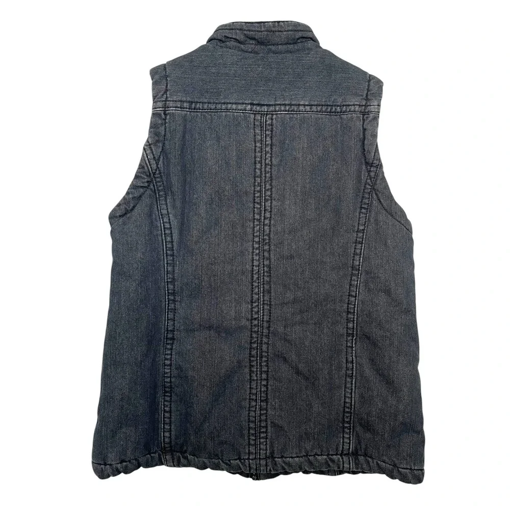 Liz Claiborne Denim Vest Womens S Grey Dark Wash Zip Up Plaid Lined Pockets